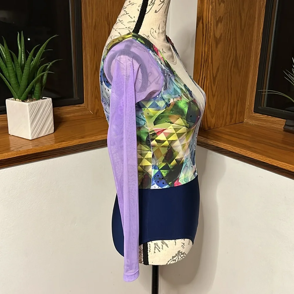 eleve Dance Costume Leotard Multicolored w/ Rhinestones & Mesh Details - Picture 4 of 12